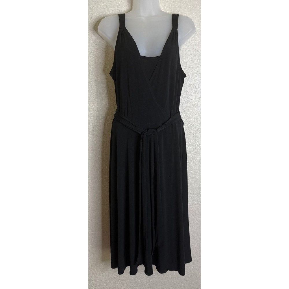 Donna Morgan 14 Midi Dress Black‎ Faux Wrap V Neck Sleeveless A Line Belted Chic